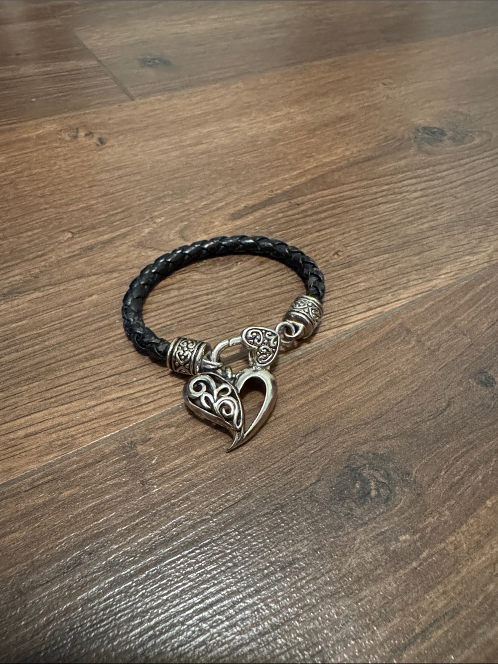 Vintage Brighton Kings Road Black Braided Leather Heart Charm Bracelet Silver